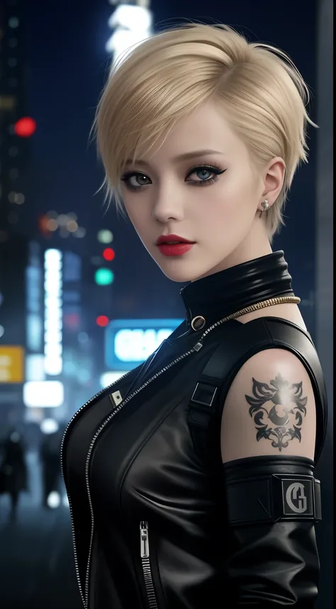 Close-up, a beautiful fashionable Russian fashionable blonde hair, tattered outfit, short side cut hair, punk outfit, lipstick, action movie scene, dystopian movie blade runner scene, night, bustling with neon signs, blade runner aesthetic, crowded people,...