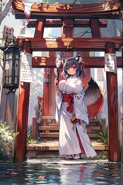 Raccoon Woman、body covered with fur、huge-breasted、kawaii、shrine maiden、Japan white clothes,Red Hakama、torii gate,summer day、From below、Wide Shot、raccoon dog