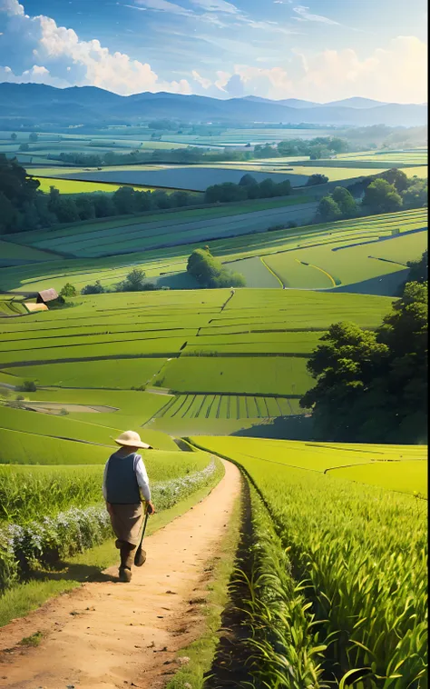 An old farmer carrying a flat burden, walking on the winding path of the countryside, big clouds, blue sky, rice fields, neat rice seedlings in the field, forest, hillside, secluded, countryside, HD detail, hyper-detail, cinematic, surrealism, soft light, ...