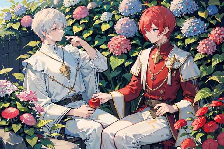 ((Extreme Detail)),(Ultra-detailed),(Painting), 2male,gay male,yaoi male,gay male sitting,White short-haired male mage , red-haired male knight, Looking at Another, White background, bug, butterfly, tussock, hydrangeas, fronds, mushroom, Nature, plant, app...