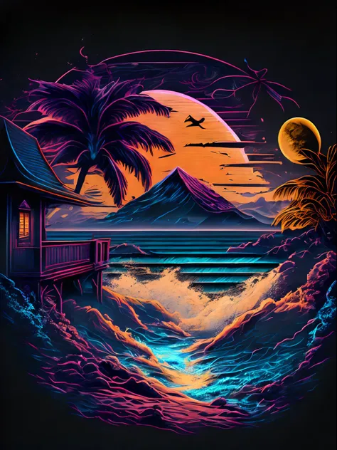 beach at night, (with black background)，t-shirt design, midjourney, vectorial art, hydro74