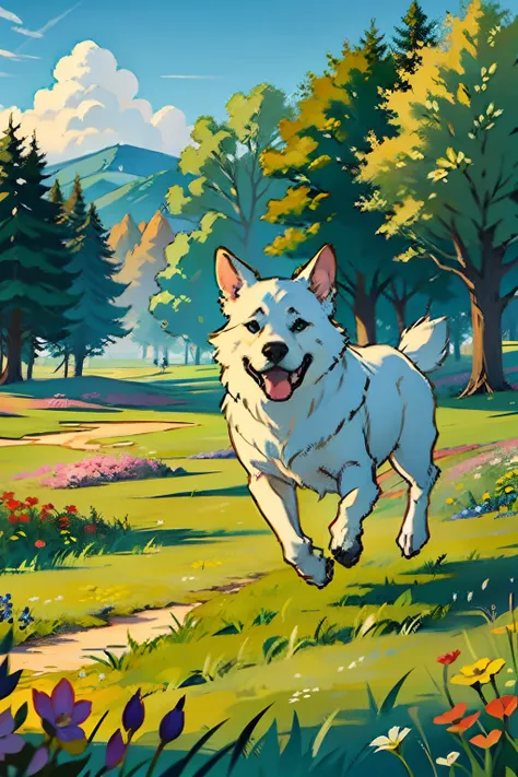 A painting of a springtime landscape, green grass, wild flowers, a smiling dog running, early morning light.