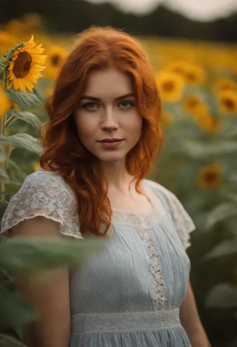 1girl, 20 years old, reddish hair, from ireland, full body, close-up, looking at viewer, standing, friendly shy smile, depth of field, tattoo, wearing transparent summer dress, baby doll style, sunflower field