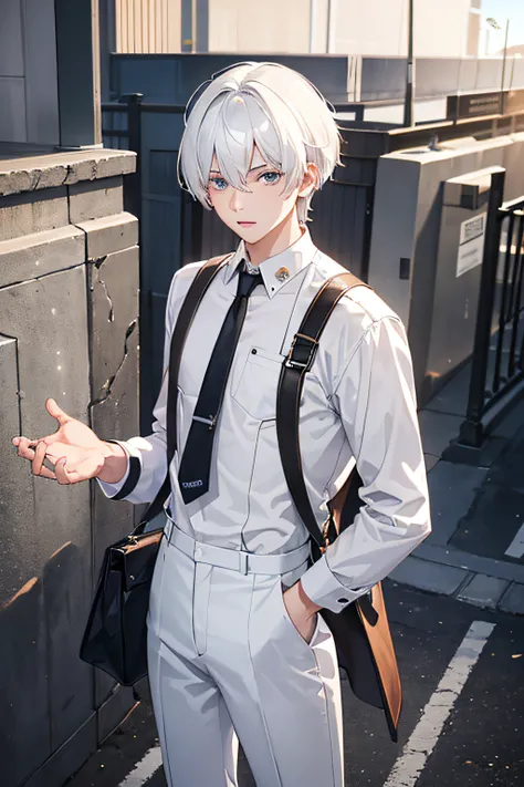 best quality, more details, masterpiece, Describe a teenage Adult male, 20 years old, white hair with mash cut hairstyles dressing white shirt, stand alone outdoor, 4k