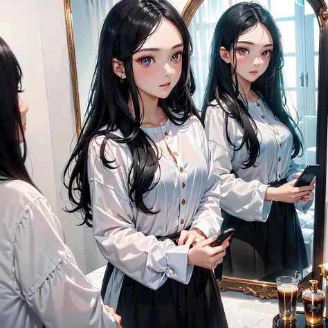 ((face to face２semi-long black hair beautiful girl taking a selfie with her smartphone in between the mirrors)):1.9、perfect ray ...