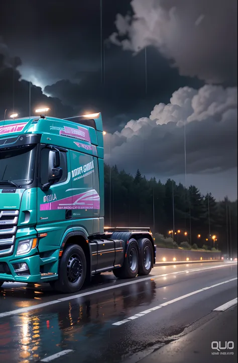 realistic weather dark night art truck Mercedes Actros written on the side of truck Wolf Truck black truck rainy weather reflection high quality truck headlight on, uma pista que se estende quilometros a frente com neblina encondendo a pista de noite e chu...