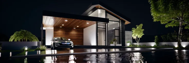 leave picture with realistic aspect, (car), (house), (exceptional quality), Coatings with realistic aspect, (photo), (rain), (led light), render 3d, architectural render, surface texture, cinematic depth, dramatic shadows, lights, rendering of a modern hou...