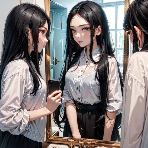 ((face to face２semi-long black hair beautiful girl taking a selfie with her smartphone in between the mirrors)):1.9、perfect ray ...