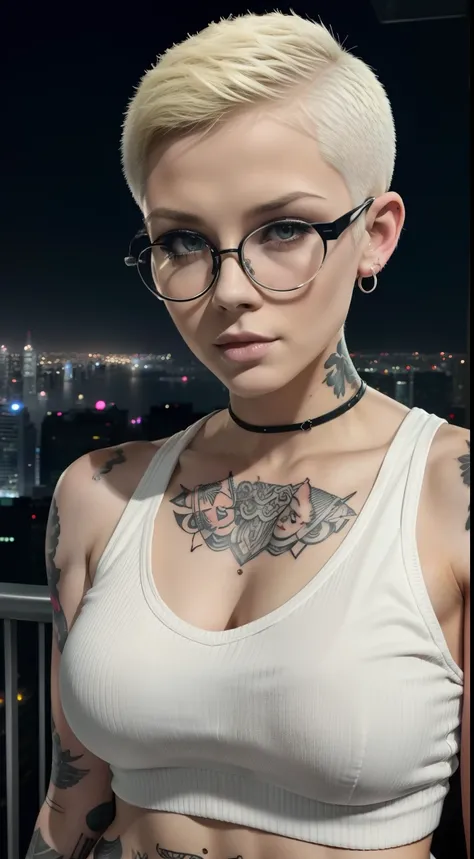 Girl, Riley Nixon haircut, shaved hair, Blonde hairstyle, Very short hair, Bald,, White vest shirt, Red Moon tattoo, Tattoo on the right arm, Wearing glasses, Blonde hairstyle, Riley Nixon haircut, Lipstick Black, Piercings in the face, On a skyscraper, lo...