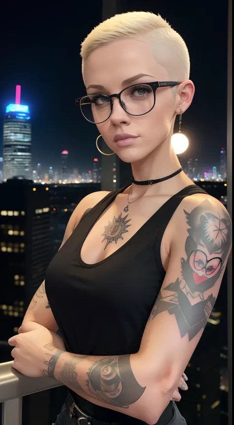 Girl, Riley Nixon haircut, shaved hair, Blonde hairstyle, Very short hair, Bald,, White vest shirt, Red Moon tattoo, Tattoo on the right arm, Wearing glasses, Blonde hairstyle, Riley Nixon haircut, Lipstick Black, Piercings in the face, On a skyscraper, lo...