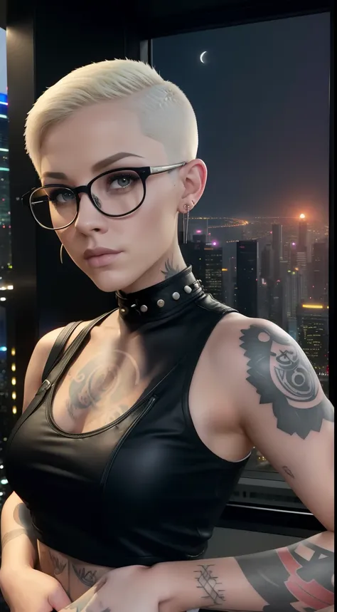 girl, riley nixon haircut, shaved hair, blonde hairstyle, very short hair, bald,, white vest shirt, red moon tattoo, tattoo on t...