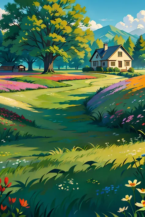 A painting of a springtime landscape, open field, green grass, wild flowers, a new house, day light.