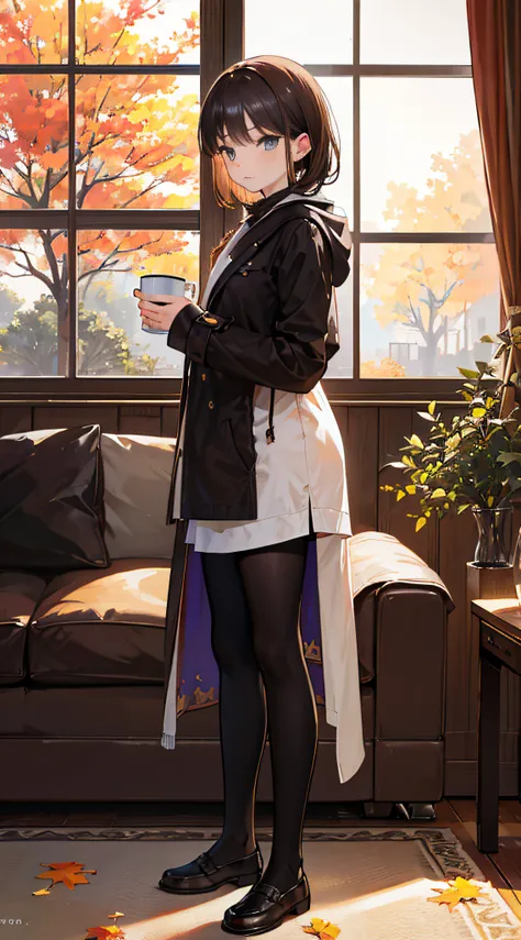 （Best quality,4K,8K,A high resolution,Masterpiece:1.2),Ultra-detailed,(Realistic,Photorealistic,photo-realistic:1.37),A girl with shoulder-length brown hair and amber eyes,Wear a hooded black coat,Brown stockings,and black knee-length boots,standing in liv...