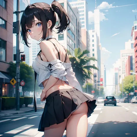 Upper body naked、Ultra mini skirt、You can see a small white underwear、Show your whole body from a low angle.、facing back、Turn around and look straight ahead、hightquality、Beautiful body、Twin-tailed、No bra、On the road in downtown