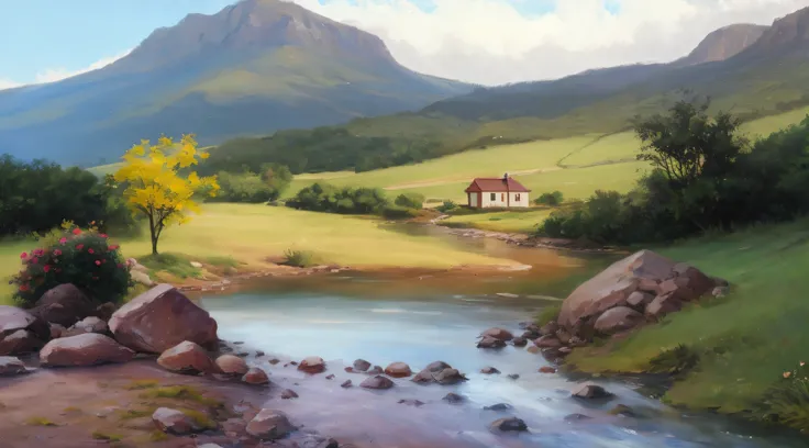 pintura de uma pequena casa , with a stream running crystal clear waters, montanhas ao fundo,super realista,8k