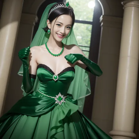 emerald tiara, Green Pearl Necklace, Boyish very short black hair, lipsticks, Japan woman smiling, Long green gloves made of satin material, very short short hair, Thumbs up, Green eyes