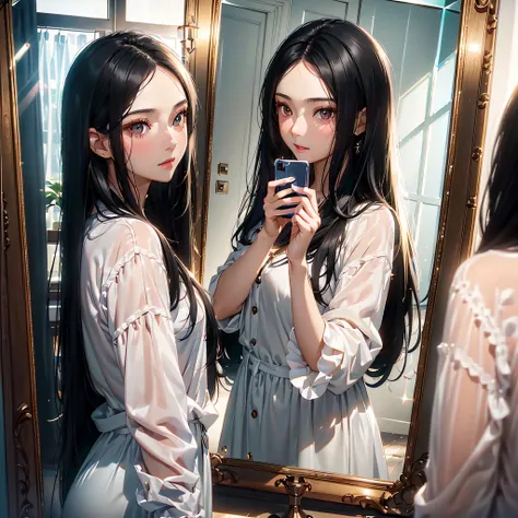 ((Face to face２Semi-long black hair beautiful girl taking a selfie with her smartphone in between the mirrors)):1.9、Perfect Ray Tracing、Highly detailed background，Realistic，ultra-detailliert，super detailed skin，light glow，Film grain，Expro II，Lens Flare，Sha...