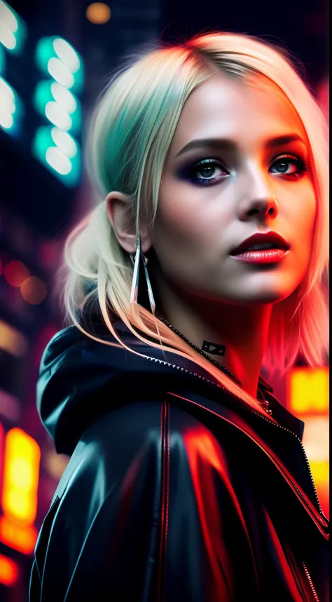 Close-up, a beautiful fashionable Russian fashionable blonde hair, tattered outfit, short side cut hair, punk outfit, lipstick, action movie scene, dystopian movie blade runner scene, night, bustling with neon signs, blade runner aesthetic, crowded people,...