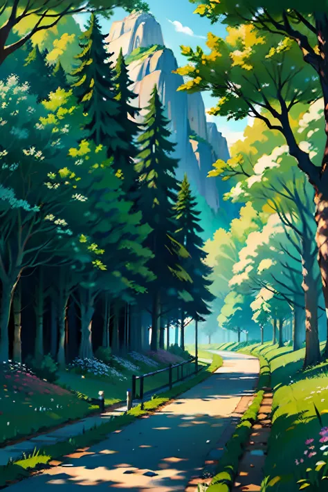 A painting of a springtime landscape, rows of green trees lining a road, with a canopy of green and shade, flowering bushes, snow capped mountain in distance, day light.