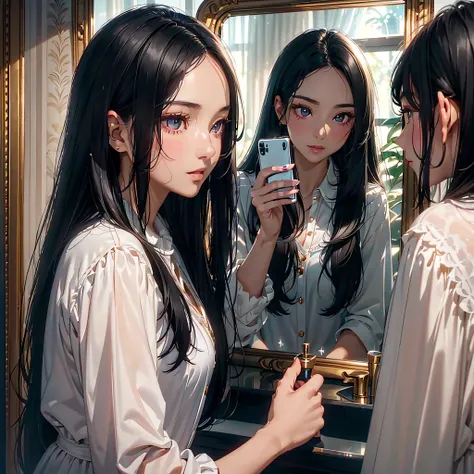 ((Face to face２Semi-long black hair beautiful girl taking a selfie with her smartphone in between the mirrors)):1.9、Perfect Ray Tracing、Highly detailed background，Realistic，ultra-detailliert，super detailed skin，light glow，Film grain，Expro II，Lens Flare，Sha...