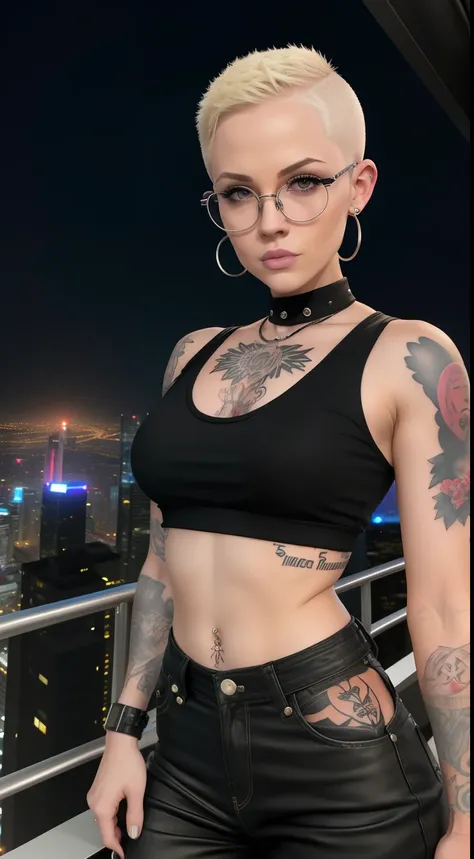 Girl, Riley Nixon haircut, shaved hair, Blonde hairstyle, Very short hair, Bald,, White vest shirt, Red Moon tattoo, Tattoo on the right arm, Wearing glasses, Blonde hairstyle, Riley Nixon haircut, Lipstick Black, Piercings in the face, On a skyscraper, lo...