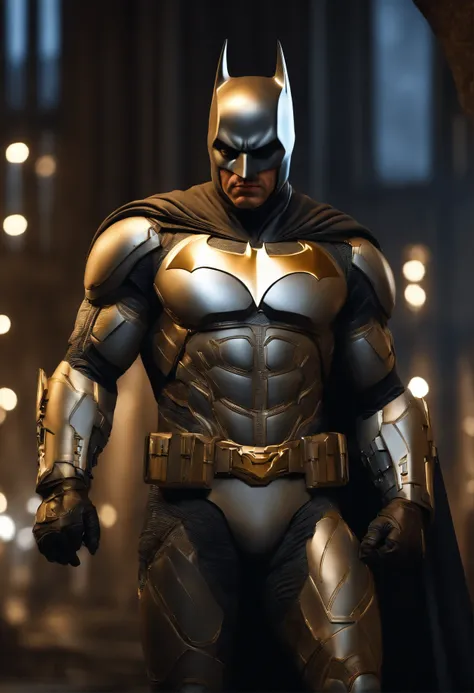 full body shot of batman  in white and gold armour style suit, no mask on, white cape, looking at center camera, perfect composition, beautiful detailed intricate insanely detailed octane render trending on artstation, 8 k artistic photography, photorealis...