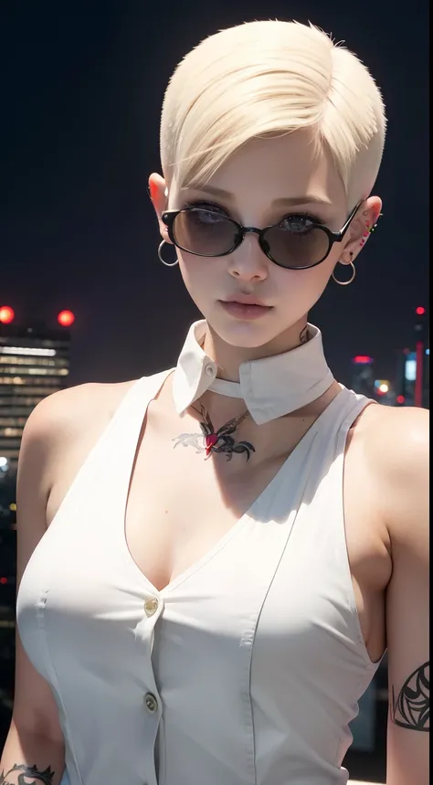 Girl, Riley Nixon haircut, shaved hair, Blonde hairstyle, Very short hair, Bald,, White vest shirt, Red Moon tattoo, Tattoo on the right arm, Wearing glasses, Blonde hairstyle, Riley Nixon haircut, Lipstick Black, Piercings in the face, On a skyscraper, lo...