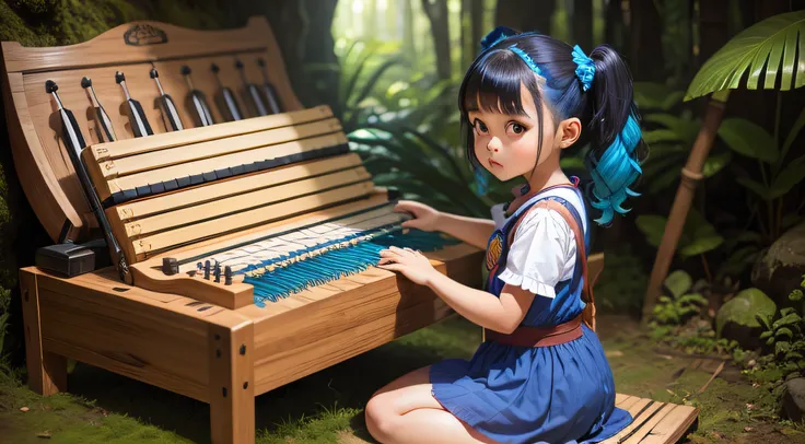 crie uma jovem mulher, cabelo azul, pigtail duplo, vestido oriental, seios fartos, wooden zither, Bamboo Forest scenario