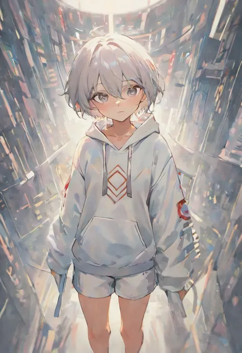 Anime youth with gray hair Japan,Wearing VR glasses,, White hoodie, White shorts, No tattoos, No beard, sixteen years old, Wear white VR glasses