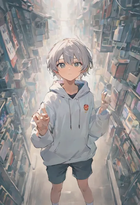 Anime youth with gray hair Japan,Wearing VR glasses,, White hoodie, White shorts, No tattoos, No beard, sixteen years old, Wear white VR glasses