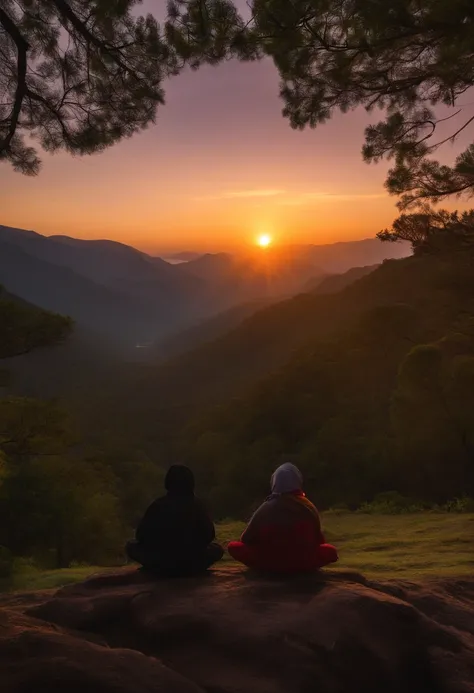 ninja de frente meditando na montanha, Sunrise behind the ninja