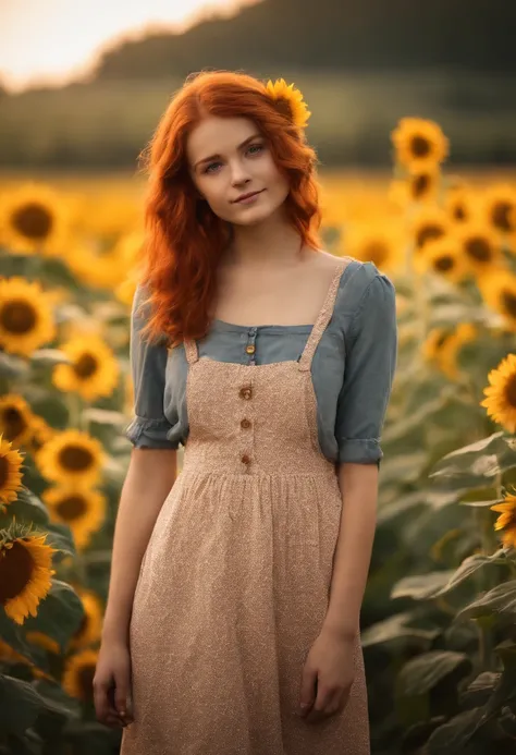 1girl, 18 years old, reddish hair, from germany, full body, looking at viewer, skinny, standing, friendly shy smile, depth of field, tattoo, wearing transparent baby doll style dress, colerful baby doll style, sunflower field, sunny day