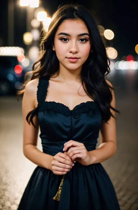 instagram photo, closeup face photo of  a young french in dress, beautiful face, makeup, night city street, bokeh, motion blur