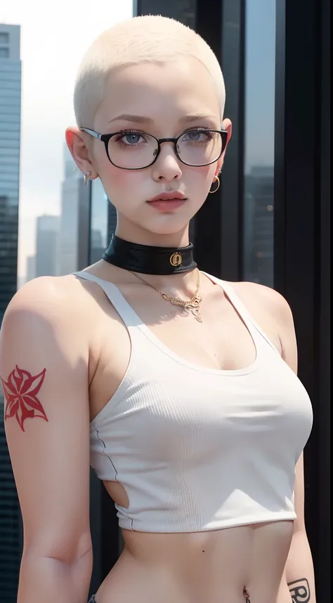 Girl, Riley Nixon haircut, shaved hair, Blonde hairstyle, Very short hair, Bald,, White vest shirt, Red Moon tattoo, Tattoo on the right arm, Wearing glasses, Blonde hairstyle, Riley Nixon haircut, Lipstick Black, Piercings in the face, On a skyscraper, lo...