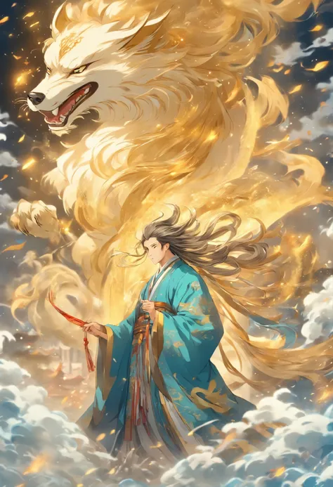 An ancient Chinese scholar，Holding a golden wolf howling brush，Writing is in full swing，Transparent glowing golden Chinese characters hovered in midair，Vertical text，glittery，There are also long scrolls that spin in the wind，The scholar wears a blue robe，L...