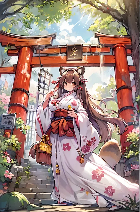 Tanuki Woman、body covered with fur、huge-breasted、kawaii、shrine maiden、Japan white clothes,Red Hakama、torii gate,summer day、From below、Wide Shot、raccoon dog