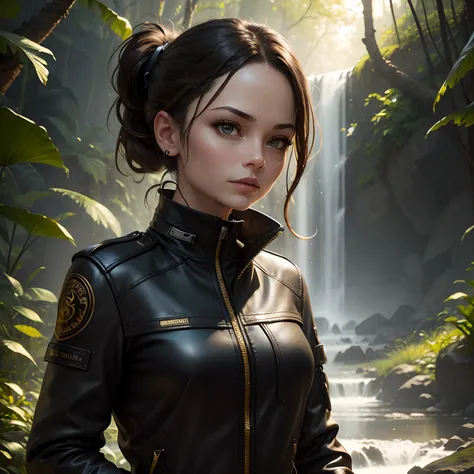 Kristin Kreuk, brunette, ponytail, avec de jolis yeux verts, portant un blouson en cuir noir et jaune et un pantalon en cuir noir, dans une jungle luxuriante, avec une cascade au fond, Best quality, 8k, detailed skin texture, detailed cloth texture, beauti...