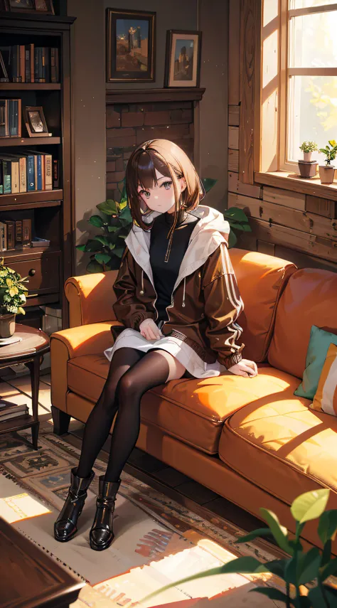 A girl with shoulder-length brown hair and amber eyes, wearing a black windbreaker with a hood, brown stockings, and black knee-high boots, standing in a living room. 
(best quality,4k,8k,highres,masterpiece:1.2), ultra-detailed, (realistic,photorealistic,...