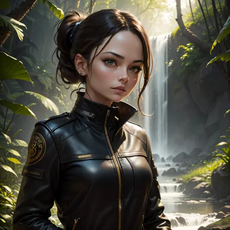 Kristin Kreuk, brunette, ponytail, avec de jolis yeux verts, portant un blouson en cuir noir et jaune et un pantalon en cuir noir, dans une jungle luxuriante, avec une cascade au fond, Best quality, 8k, detailed skin texture, detailed cloth texture, beauti...