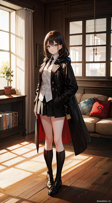 A girl with shoulder-length brown hair and amber eyes, Wears a black trench coat with a hood, Brown stockings, and black knee-length boots, standing in living room. 
(Best quality,4K,8K,A high resolution,Masterpiece:1.2), Ultra-detailed, (Realistic,Photore...