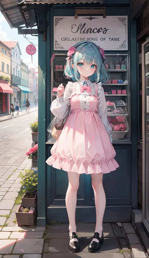 Gray-pink bangs，Blue-green eyes，cute female child，the street，candy store，Signboard，european buildings，Slate pavement，Rose flower，