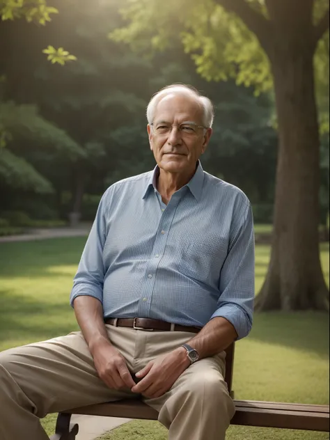 A personal portrait of a very handsome old man sitting on a wooden bench in a lush park on a beautiful sunny day. Captured with a Sony α7 III camera and a 85mm lens at F 1.2 aperture, the background is blurred to isolate the subject. The park is filled wit...