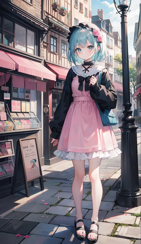 Gray-pink bangs，Blue-green eyes，cute female child，the street，candy store，Signboard，european buildings，Slate pavement，Rose flower，