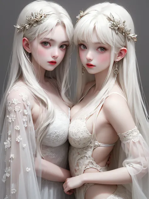 2 girls in、Beautiful breasts、Two people side by side、The symmetrical composition，White tones，white colors，Sexy Girl ，tiny body，Petite，whaite hair，White hair、White complex lace、