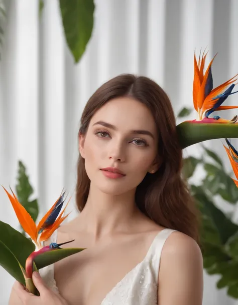 cinematic realistic photo . Fotografia 35mm, Film, Bokeh, profissional, 4k, altamente detalhado,Woman in white dress holds some birds of paradise flowers, studio lighting, tiro lateral, fundo branco, cores fortes, no estilo de detalhes ultrafinos, foto de ...