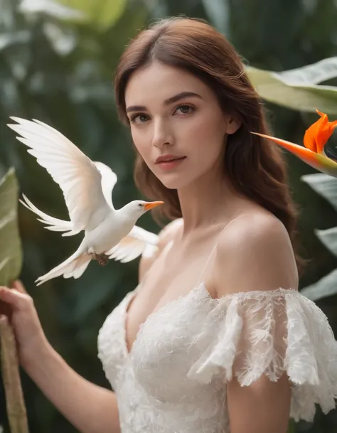 cinematic realistic photo . Fotografia 35mm, Film, Bokeh, profissional, 4k, altamente detalhado,Woman in white dress holds some birds of paradise flowers, studio lighting, tiro lateral, fundo branco, cores fortes, no estilo de detalhes ultrafinos, foto de ...