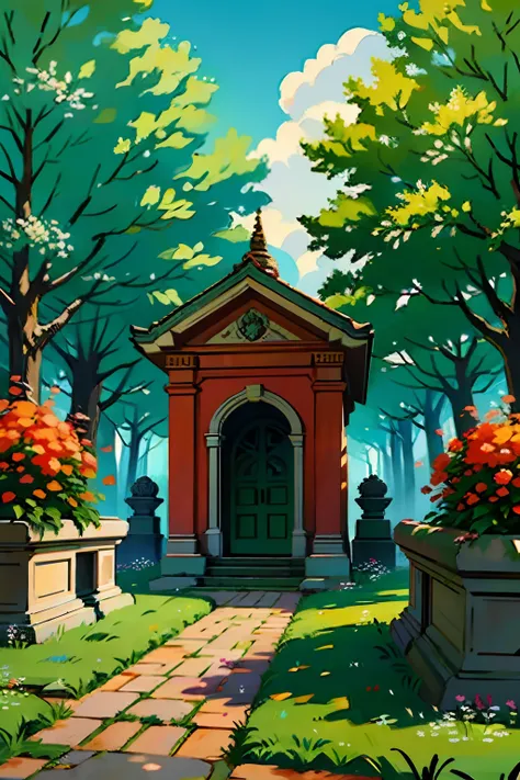 A painting of a springtime landscape, green trees and flowers, with a four-sided red brick tomb, midday light.