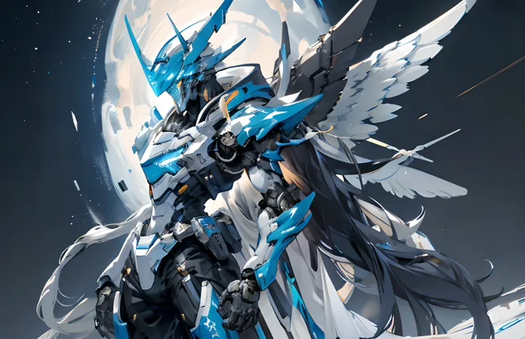 Giant exoskeleton robot，Strong posture，hight contrast，Black and white body，Starry sky color，Blue energy light，Kamen Rider，Wings of Liberty Gundam，mechanical sense，Full coverage armor。