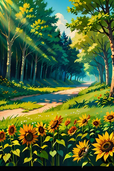 A painting of a summertime landscape, green trees, green grass, sunflowers, daytime light.