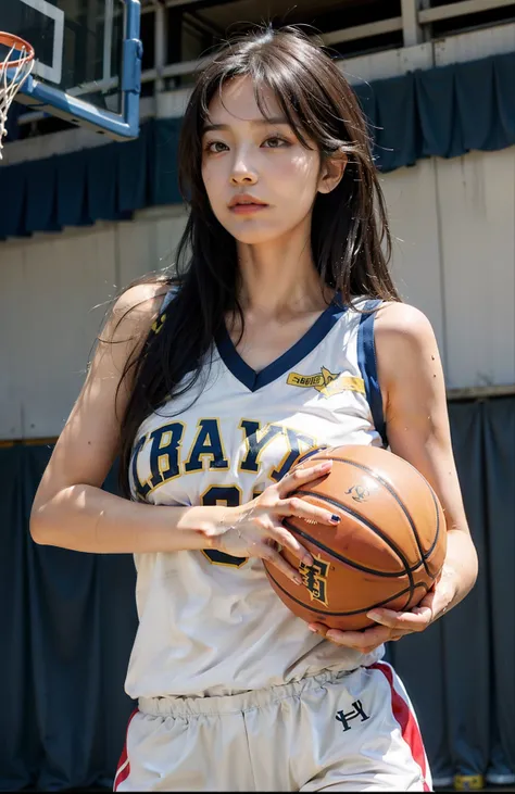 Top quality, 超高分辨率, (Photorealistic: 1.4), 8K resolution, (Woman in basketball uniform), (Random hair: 1.3), (photo-realistic hair: 1.2), (Realistic eyes: 1.2), (beautfully face: 1.3), (Large breasts:1.3), (Wet skin: 1.2),(Dynamic Angle:1.1)，sweat leggs，at...